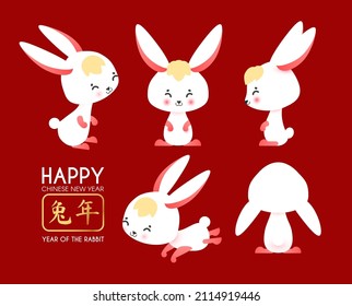 Cartoon Rabbit set. Happy Chinese New Year cute bunny character collection. Chinese text means "Year of the Rabbit".