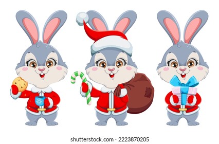 Cartoon rabbit, set of three poses. Cute bunny. Merry Christmas and Happy New year.