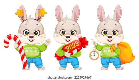 Cartoon rabbit, set of three poses. Cute bunny. Merry Christmas and Happy New year.