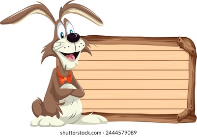 Cartoon rabbit sitting beside a blank wooden sign.