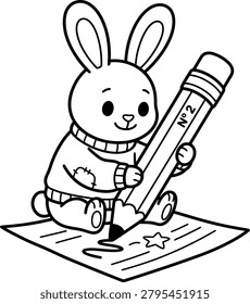 Cartoon rabbit sitting and drawing with a pencil