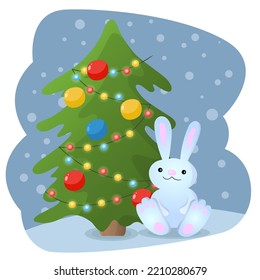 Cartoon rabbit sitting near Christmas tree. Cute Christmas seasonal illustration in flat cartoon style. Vector illustration.