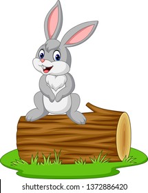 Cartoon rabbit sitting on a log