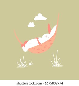 Cartoon rabbit sleeps sweetly in a hammock. Vector illustration drawn by hand on a white isolated background. Cute animal for the design of T-shirts, prints, postcards.