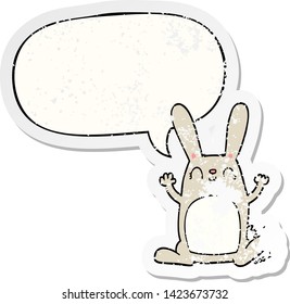 cartoon rabbit with speech bubble distressed distressed old sticker