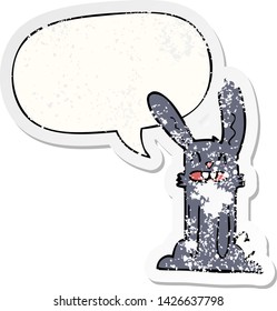 cartoon rabbit with speech bubble distressed distressed old sticker