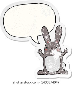 cartoon rabbit with speech bubble distressed distressed old sticker