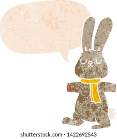 cartoon rabbit with speech bubble in grunge distressed retro textured style
