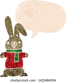 conejo de dibujos animados con burbuja de habla en un estilo retro angustiado con textura estrafalaria
