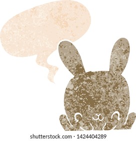 conejo de dibujos animados con burbuja de habla en un estilo retro angustiado con textura estrafalaria