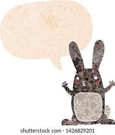 conejo de dibujos animados con burbuja de habla en un estilo retro angustiado con textura estrafalaria