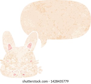 cartoon rabbit with speech bubble in grunge distressed retro textured style