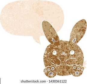 conejo de dibujos animados con burbuja de habla en un estilo retro angustiado con textura estrafalaria