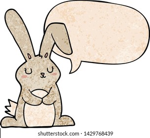 conejo de dibujos animados con burbuja de habla en estilo de textura retro