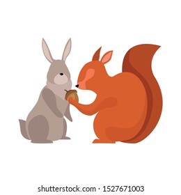 cartoon rabbit and squirrel over white background, colorful design. vector illustration