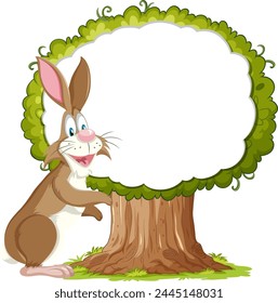 Cartoon rabbit standing next to a tree with empty space