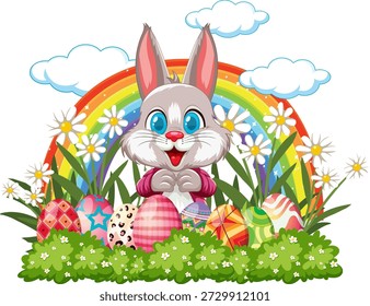 Cartoon rabbit stands behind decorated eggs in a grassy field under a vibrant rainbow