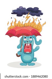 Cartoon rabbit stands under a burning umbrella. Lightning from clouds strikes it and sets fire to it. Hare stares at flame, panics, his jaw dropped. It is grotesque comic illustration about bad luck.