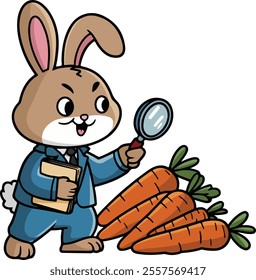 cartoon rabbit in a suit is looking at carrots with a magnifying glass.