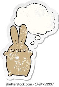 conejo de dibujos animados con burbuja de pensamiento como pegatina gastada angustiada