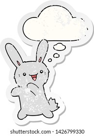 conejo de dibujos animados con burbuja de pensamiento como pegatina gastada angustiada