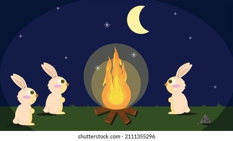 Cartoon rabbit , Three rabbits at night, campfire.