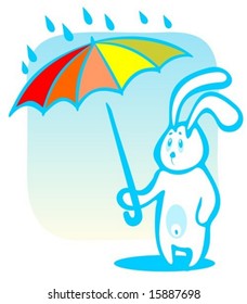 Cartoon rabbit with umbrella isolated on a blue background.