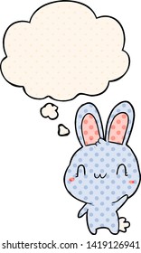 cartoon rabbit waving with thought bubble in comic book style