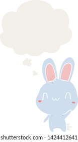 cartoon rabbit waving with thought bubble in retro style