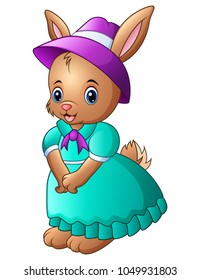 Cartoon rabbit wearing blue dress with a purple hat