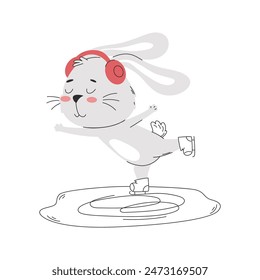 A cartoon rabbit wearing headphones and skates on skating rink. Cute bunny character. Winter activity. Vector illustration