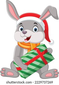 Cartoon rabbit wearing scarf and hat holding gift box