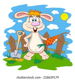 Cartoon rabbit-farmer with carrot in hand.