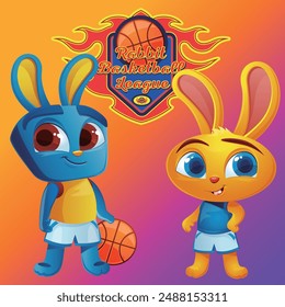 Cartoon rabbits basketball players. Characters are heroes. Cute bunnies. Vector hares. Print.