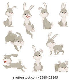 Cartoon rabbits collection. Bunny pets silhouette in different poses. Set of cute animal isolated icons. Vector rabbits character illustration