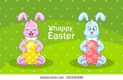 Cartoon Rabbits Couple with Eggs for Happy Easter - Illustration Vector