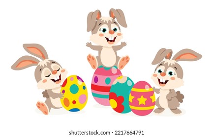 Cartoon Rabbits With Easter Eggs