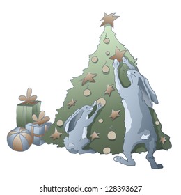 Cartoon rabbits family and the Christmas tree