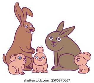 Cartoon rabbits family with father, mother and three childrens in flat funny style. Set of cute creative characters animals. Vector illustration.