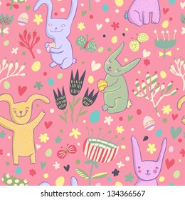 Cartoon rabbits in flowers. Cute childish background in pastel colors. Seamless pattern can be used for wallpaper, pattern fills, web page backgrounds, surface textures. Gorgeous seamless background