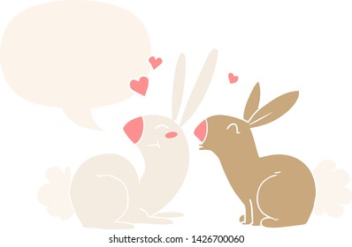 cartoon rabbits in love with speech bubble in retro style