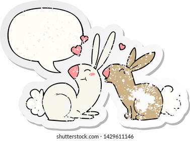 cartoon rabbits in love with speech bubble distressed distressed old sticker