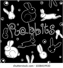 Cartoon rabbits on black background