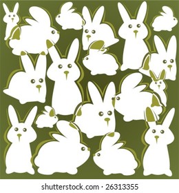 Cartoon  rabbits pattern on a green background. Easter illustration.