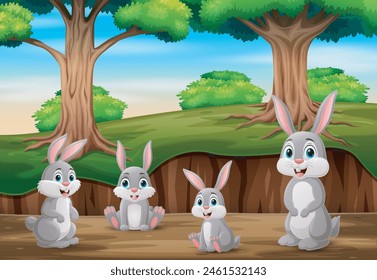 Cartoon rabbits playing in the jungle