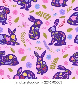 Cartoon rabbits seamless pattern. Funny easter bunny, spring eared hare animals, cute fur bunnies flat vector background illustration