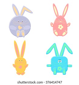 Cartoon rabbits set. Four cute bunnies. Collection of bright fun geometric animals. Cartoon character illustration isolated on white background.