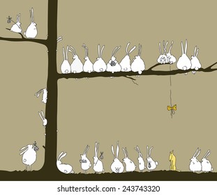 cartoon rabbits sitting on the tree