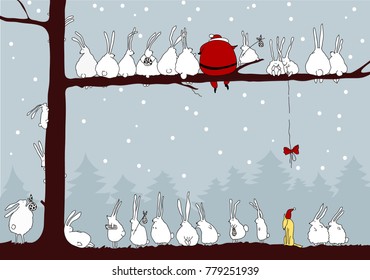 cartoon rabbits standing in line and sitting on the tree with Santa