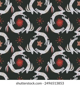Cartoon rabbits whimsical seamless pattern art. Doodle stellar celestial cute astronomy and astrology characters background. Hand-drawn bohemian wrapping paper. Crescent magic boho mystical surface
